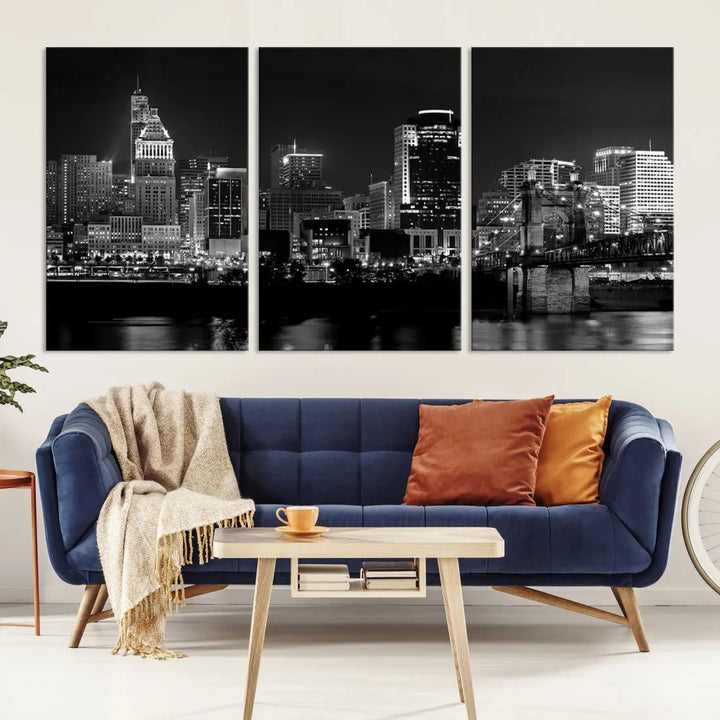 Large Cincinnati Night Skyline Wall Art Print Cityscape Canvas Wall Decor