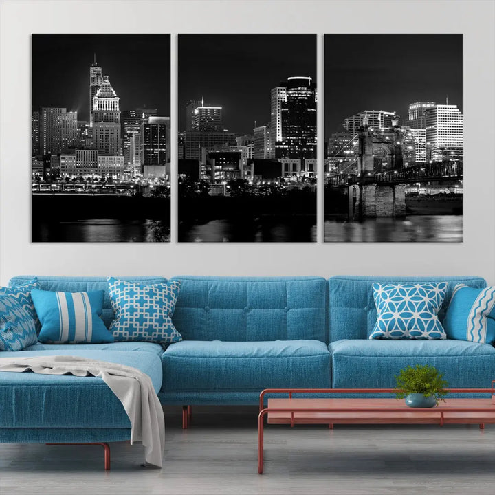 Large Cincinnati Night Skyline Wall Art Print Cityscape Canvas Wall Decor