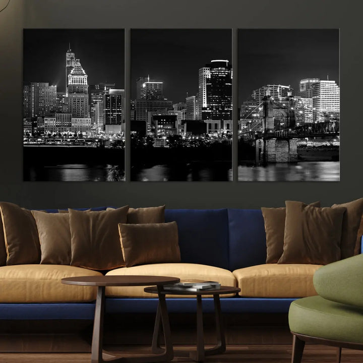 Large Cincinnati Night Skyline Wall Art Print Cityscape Canvas Wall Decor