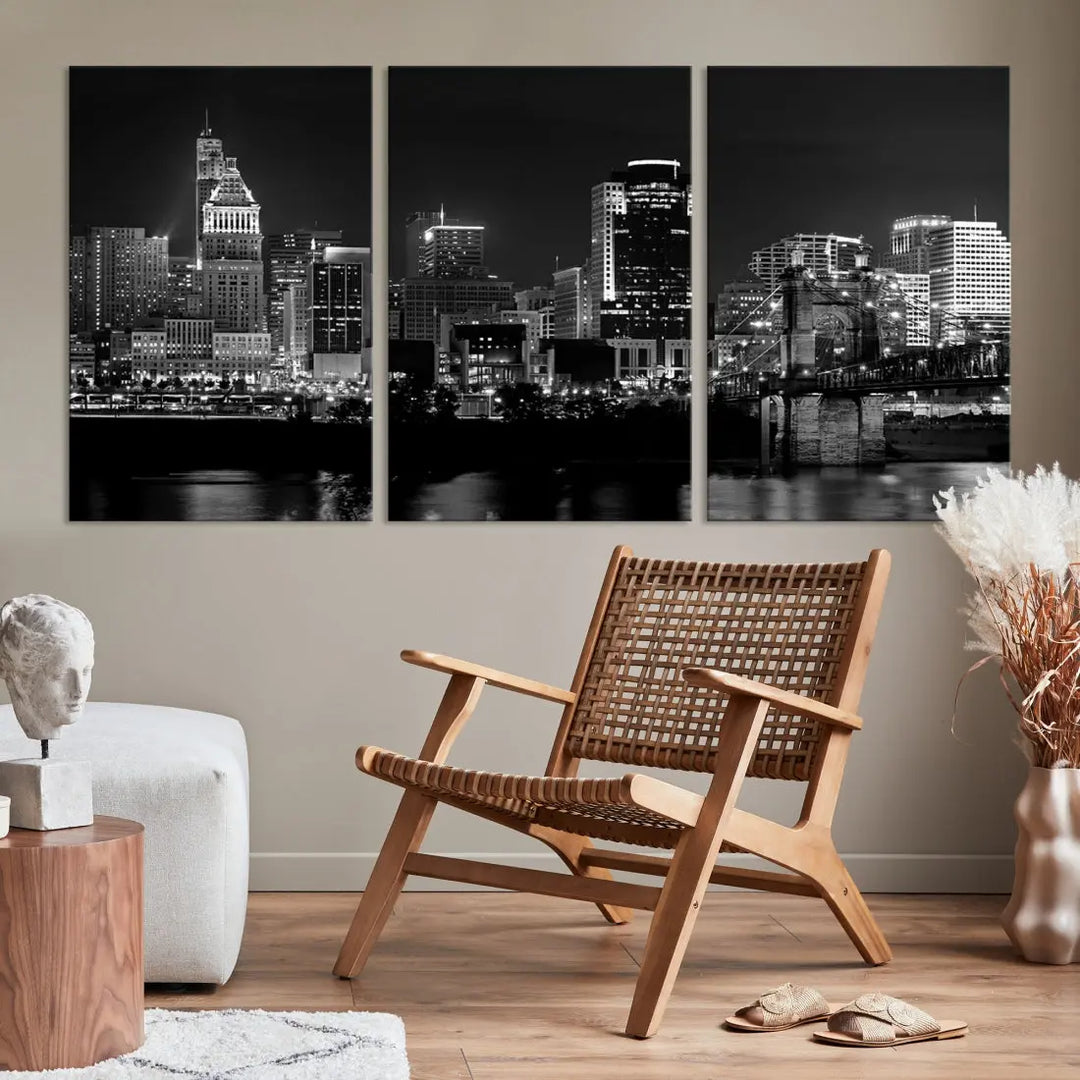 Large Cincinnati Night Skyline Wall Art Print Cityscape Canvas Wall Decor