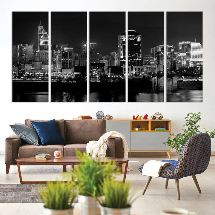 Large Cincinnati Night Skyline Wall Art Print Cityscape Canvas Wall Decor