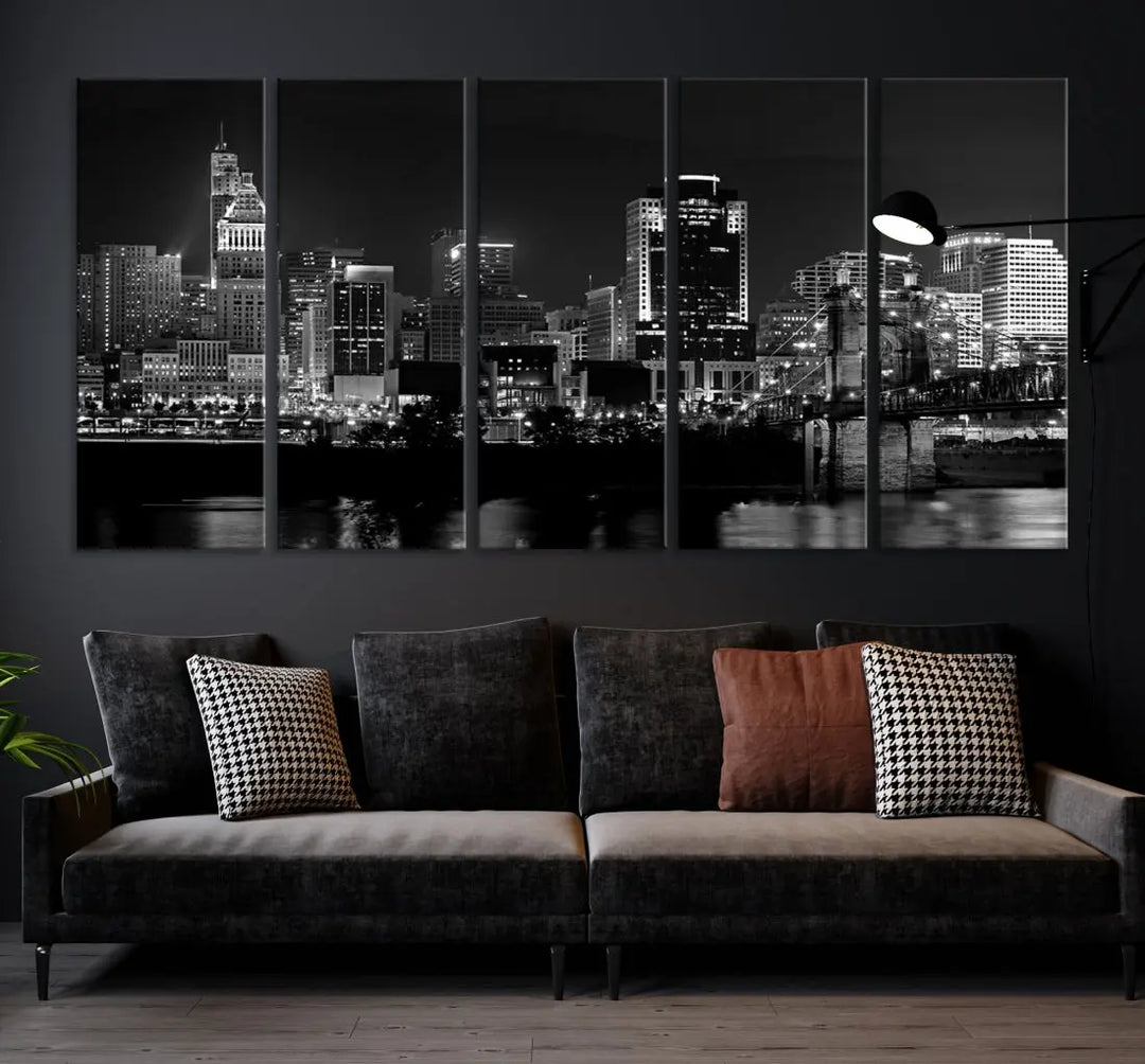 Large Cincinnati Night Skyline Wall Art Print Cityscape Canvas Wall Decor