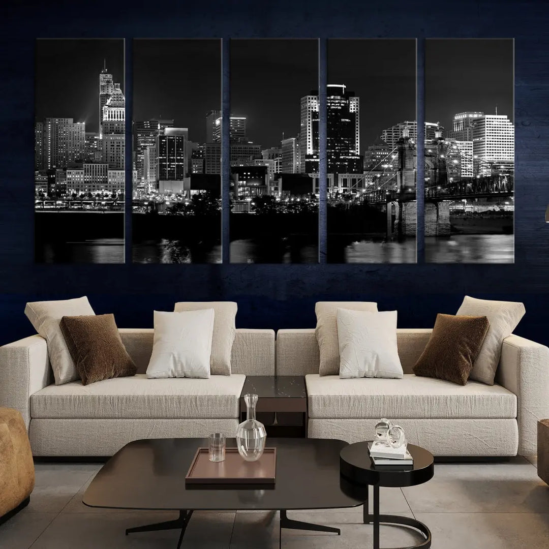 Large Cincinnati Night Skyline Wall Art Print Cityscape Canvas Wall Decor