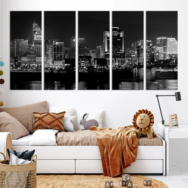 Large Cincinnati Night Skyline Wall Art Print Cityscape Canvas Wall Decor