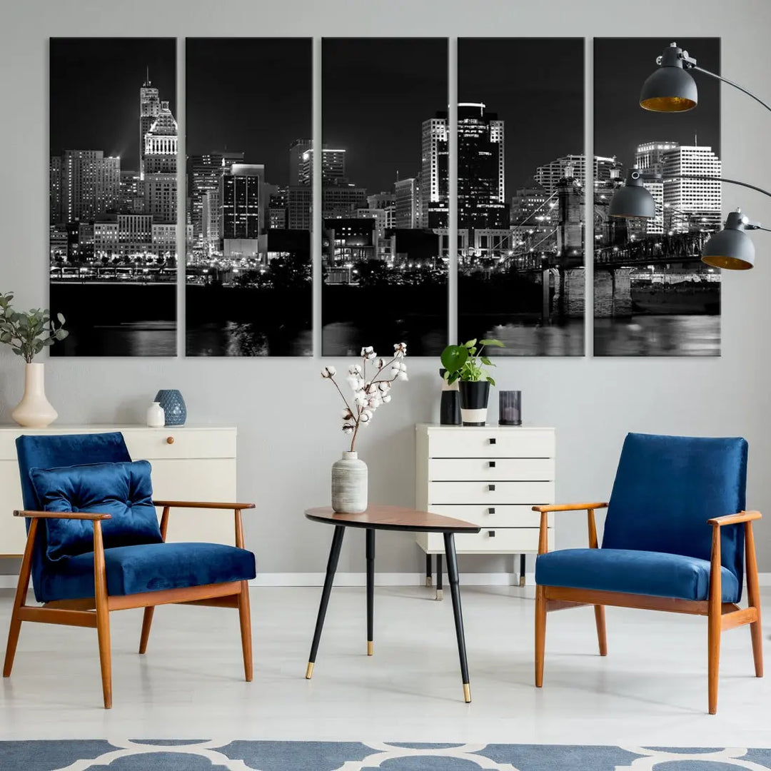 Large Cincinnati Night Skyline Wall Art Print Cityscape Canvas Wall Decor