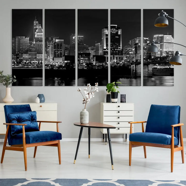 Large Cincinnati Night Skyline Wall Art Print Cityscape Canvas Wall Decor