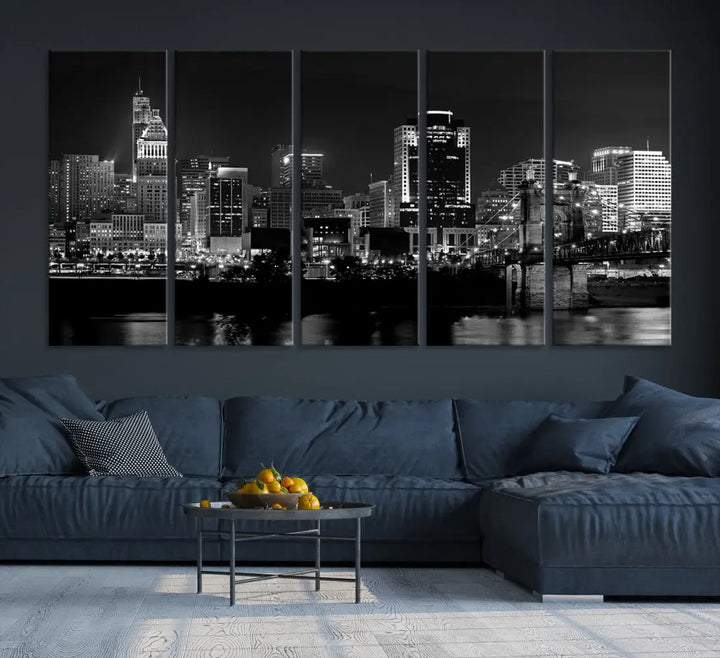 Large Cincinnati Night Skyline Wall Art Print Cityscape Canvas Wall Decor