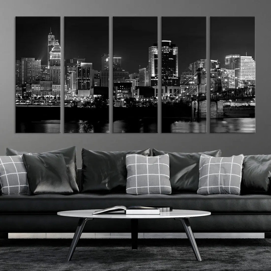 Large Cincinnati Night Skyline Wall Art Print Cityscape Canvas Wall Decor