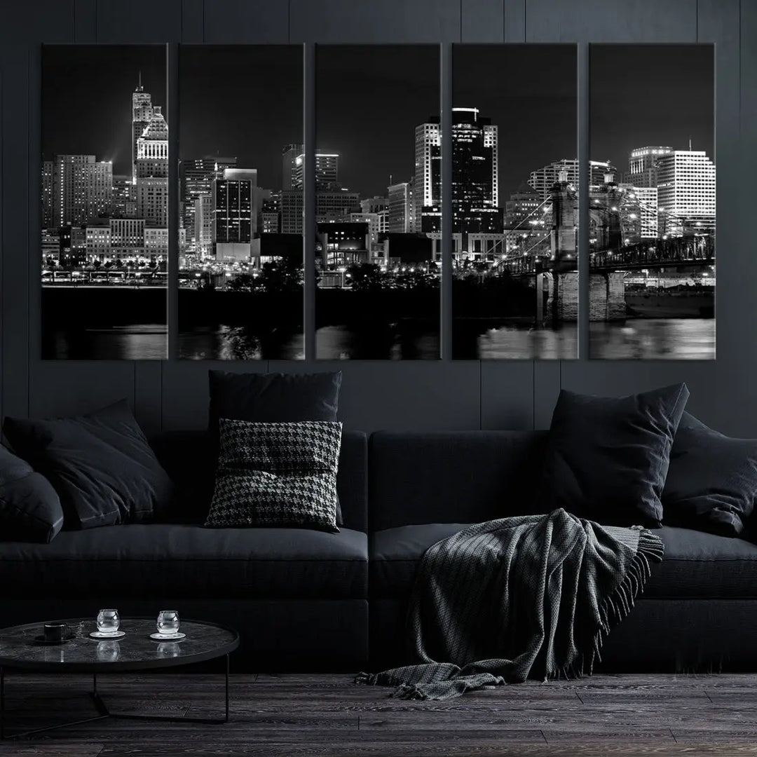 Large Cincinnati Night Skyline Wall Art Print Cityscape Canvas Wall Decor