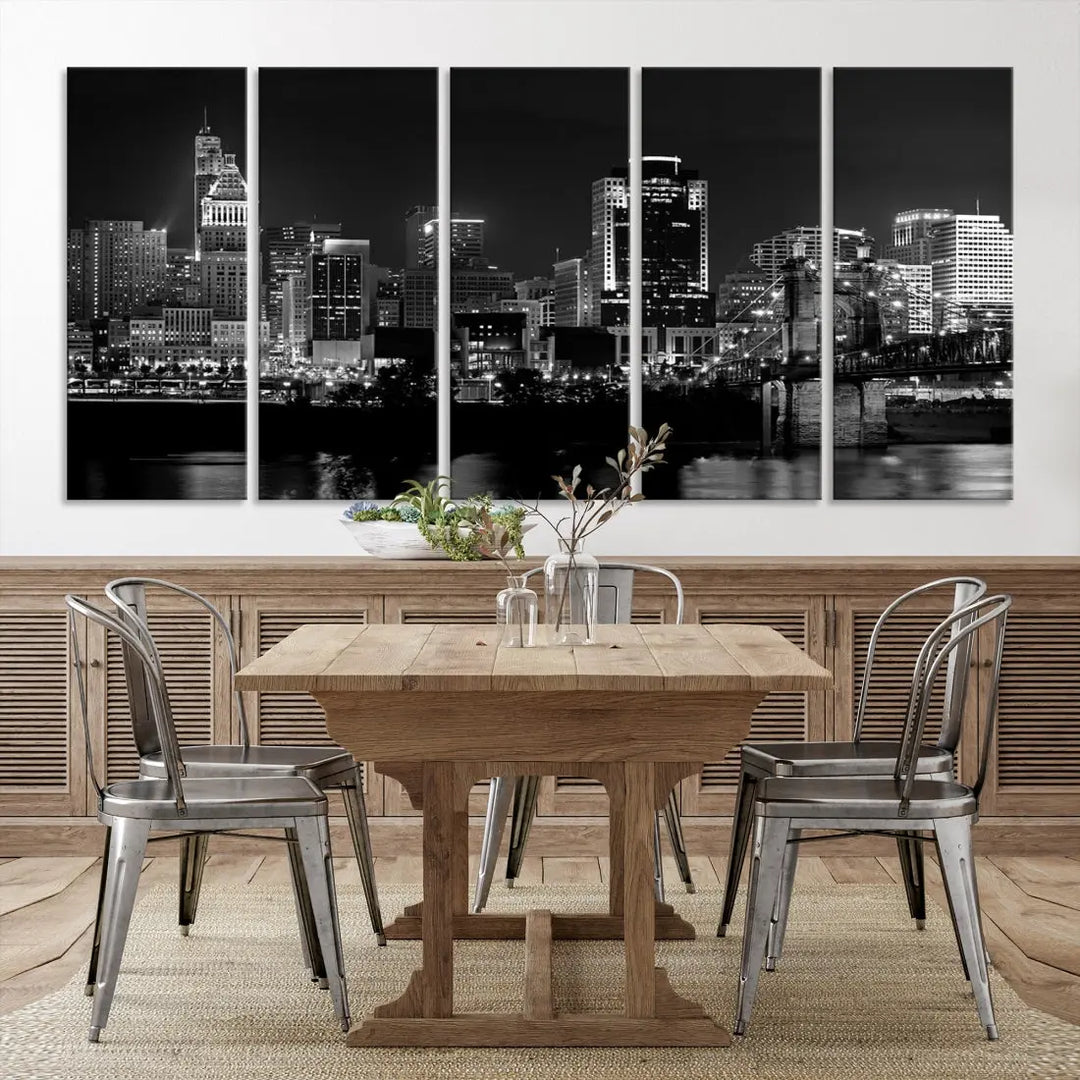 Large Cincinnati Night Skyline Wall Art Print Cityscape Canvas Wall Decor