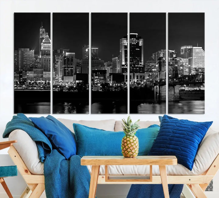 Large Cincinnati Night Skyline Wall Art Print Cityscape Canvas Wall Decor