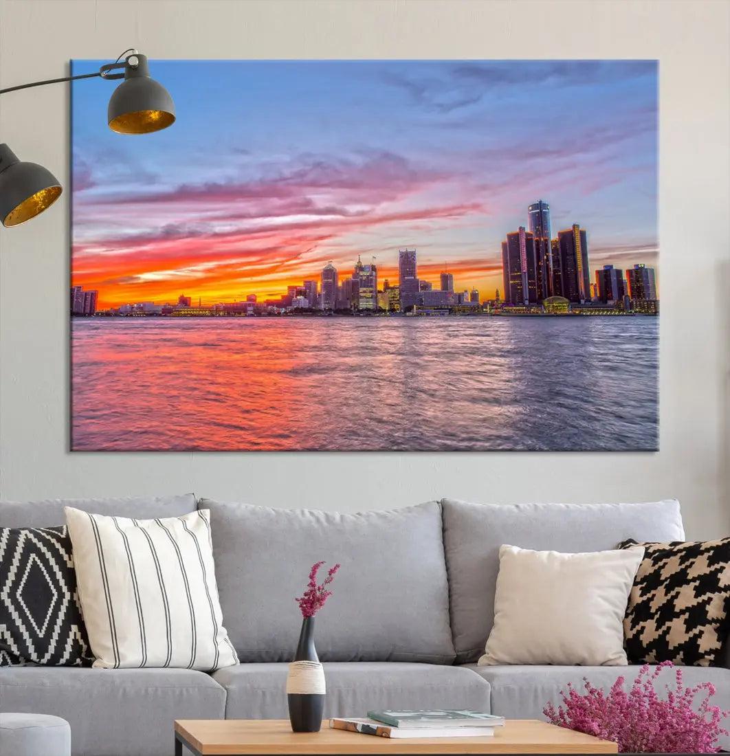 Large Detroit Canvas Print Detroit Skyline View Wall Art Canvas Print