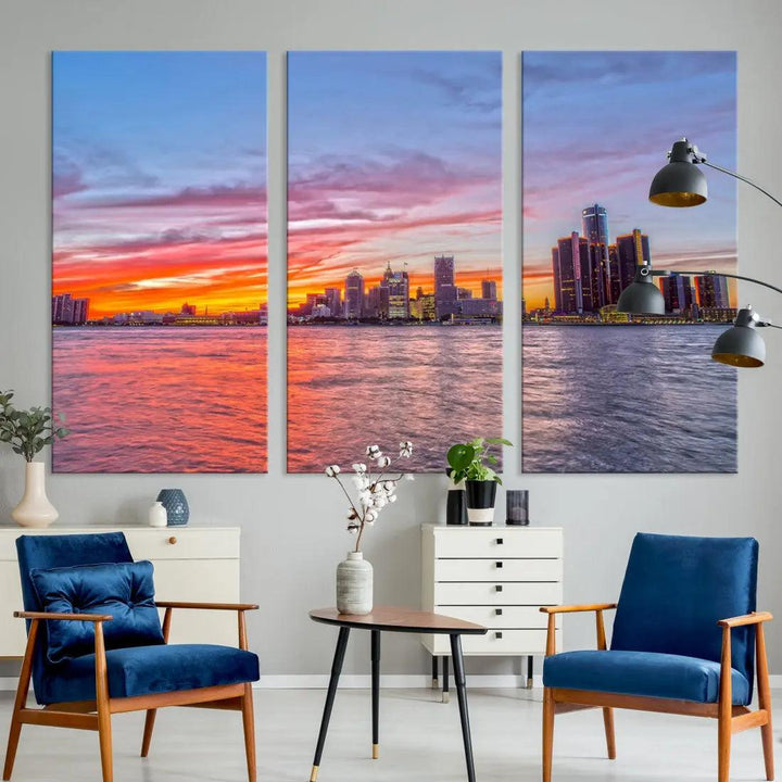 Large Detroit Canvas Print Detroit Skyline View Wall Art Canvas Print