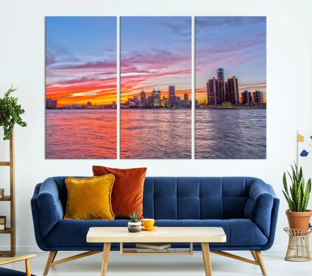 Large Detroit Canvas Print Detroit Skyline View Wall Art Canvas Print