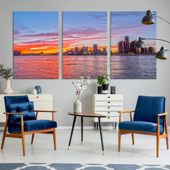 Large Detroit Canvas Print Detroit Skyline View Wall Art Canvas Print