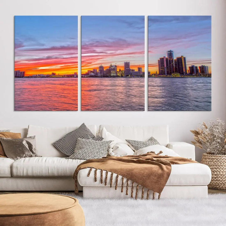 Large Detroit Canvas Print Detroit Skyline View Wall Art Canvas Print