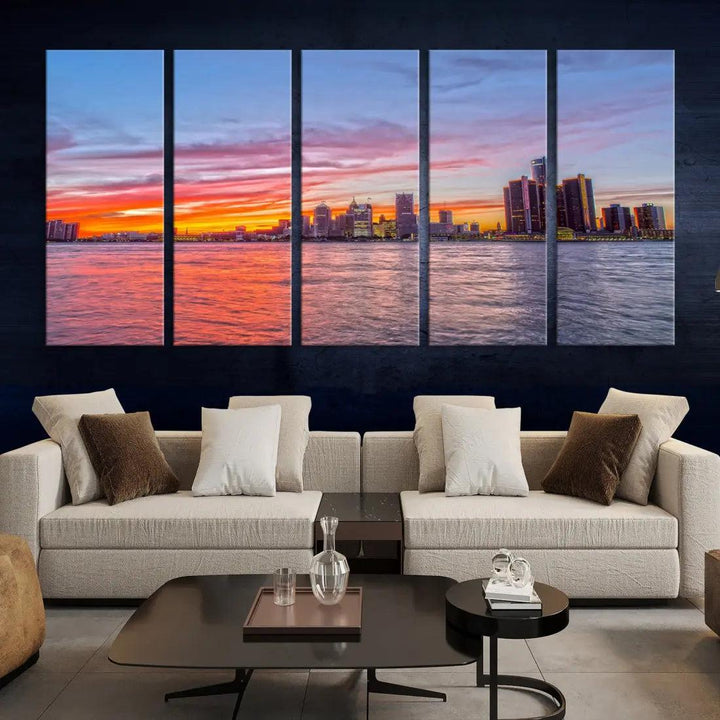 Large Detroit Canvas Print Detroit Skyline View Wall Art Canvas Print