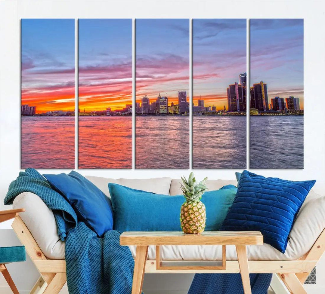 Large Detroit Canvas Print Detroit Skyline View Wall Art Canvas Print