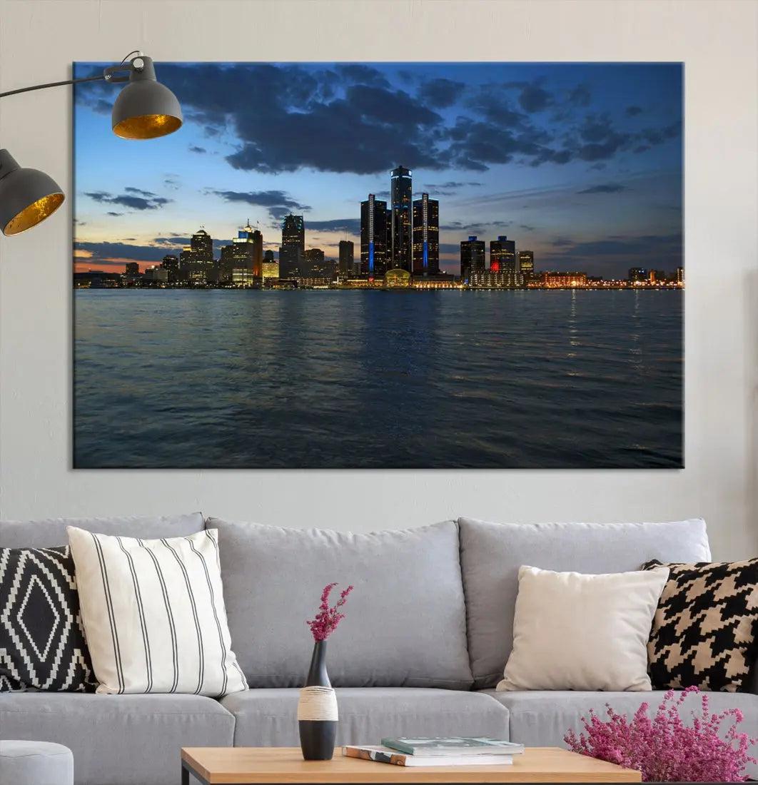 Large Detroit City Skyline Poster Print Cityscape Wall Art Canvas Decor