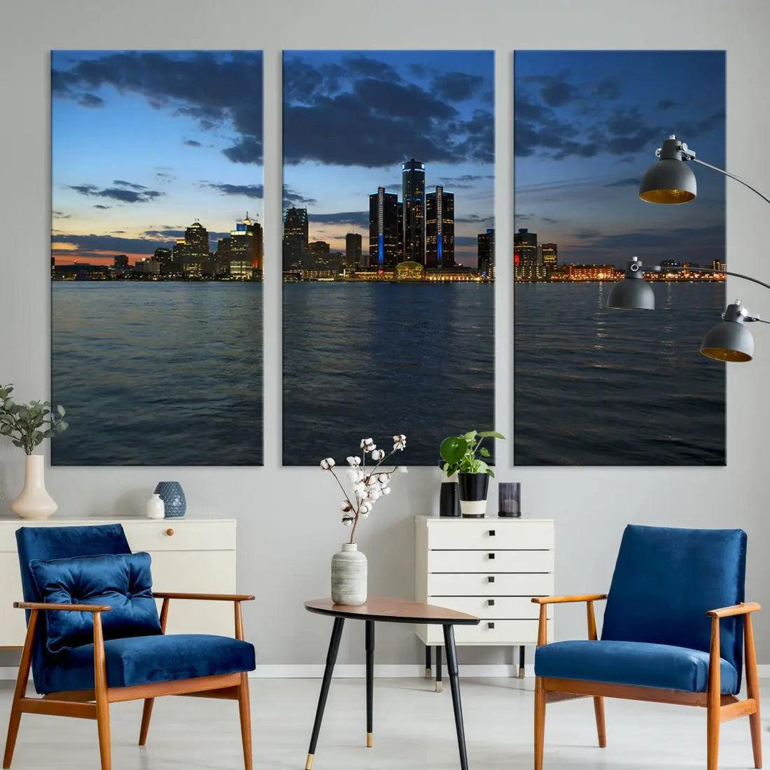 Large Detroit City Skyline Poster Print Cityscape Wall Art Canvas Decor