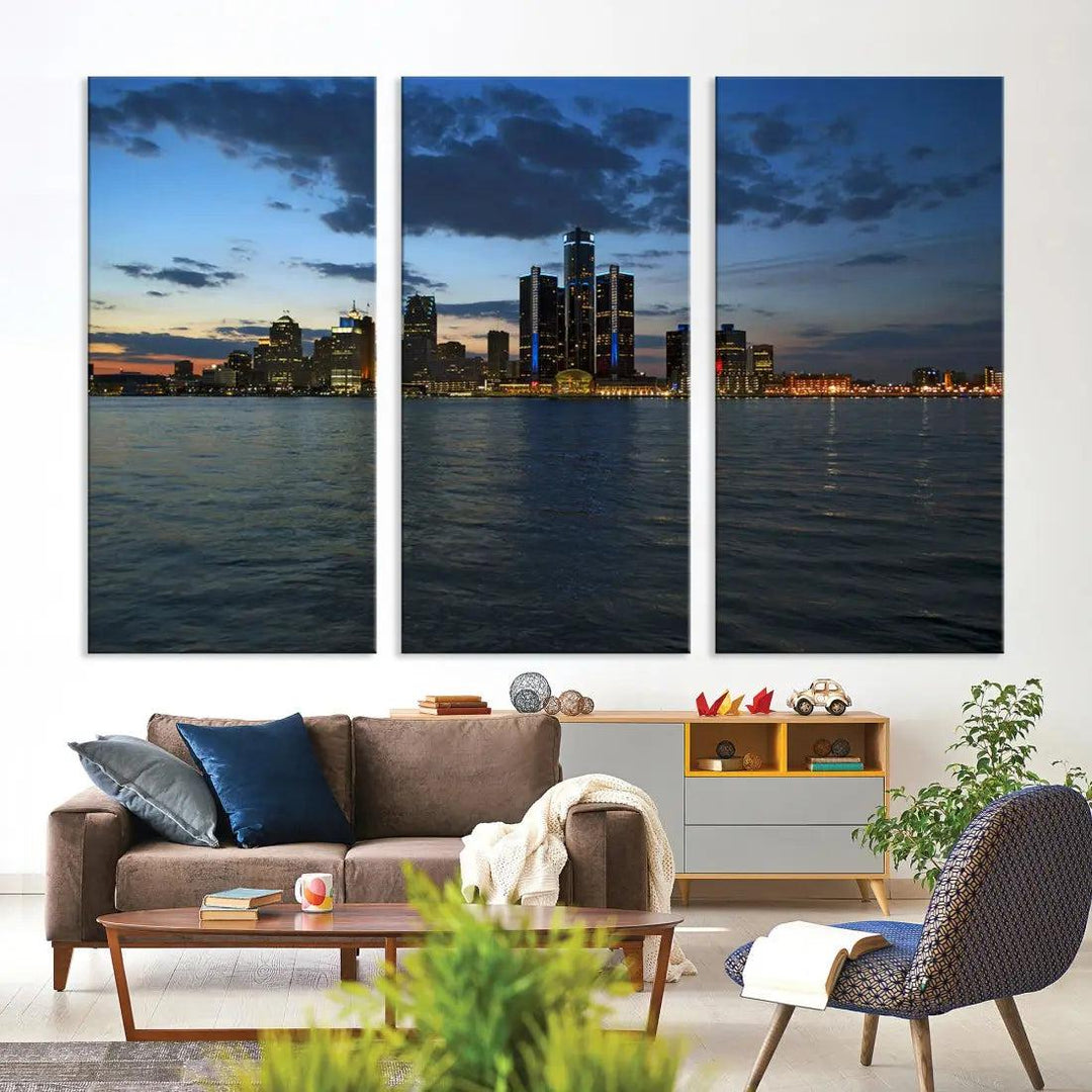 Large Detroit City Skyline Poster Print Cityscape Wall Art Canvas Decor