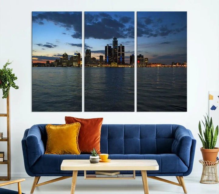 Large Detroit City Skyline Poster Print Cityscape Wall Art Canvas Decor