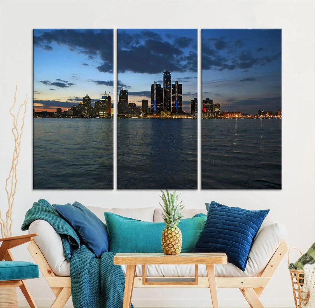 Large Detroit City Skyline Poster Print Cityscape Wall Art Canvas Decor