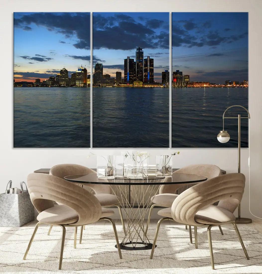 Large Detroit City Skyline Poster Print Cityscape Wall Art Canvas Decor