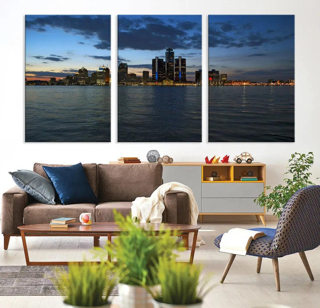 Large Detroit City Skyline Poster Print Cityscape Wall Art Canvas Decor