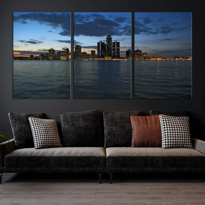 Large Detroit City Skyline Poster Print Cityscape Wall Art Canvas Decor