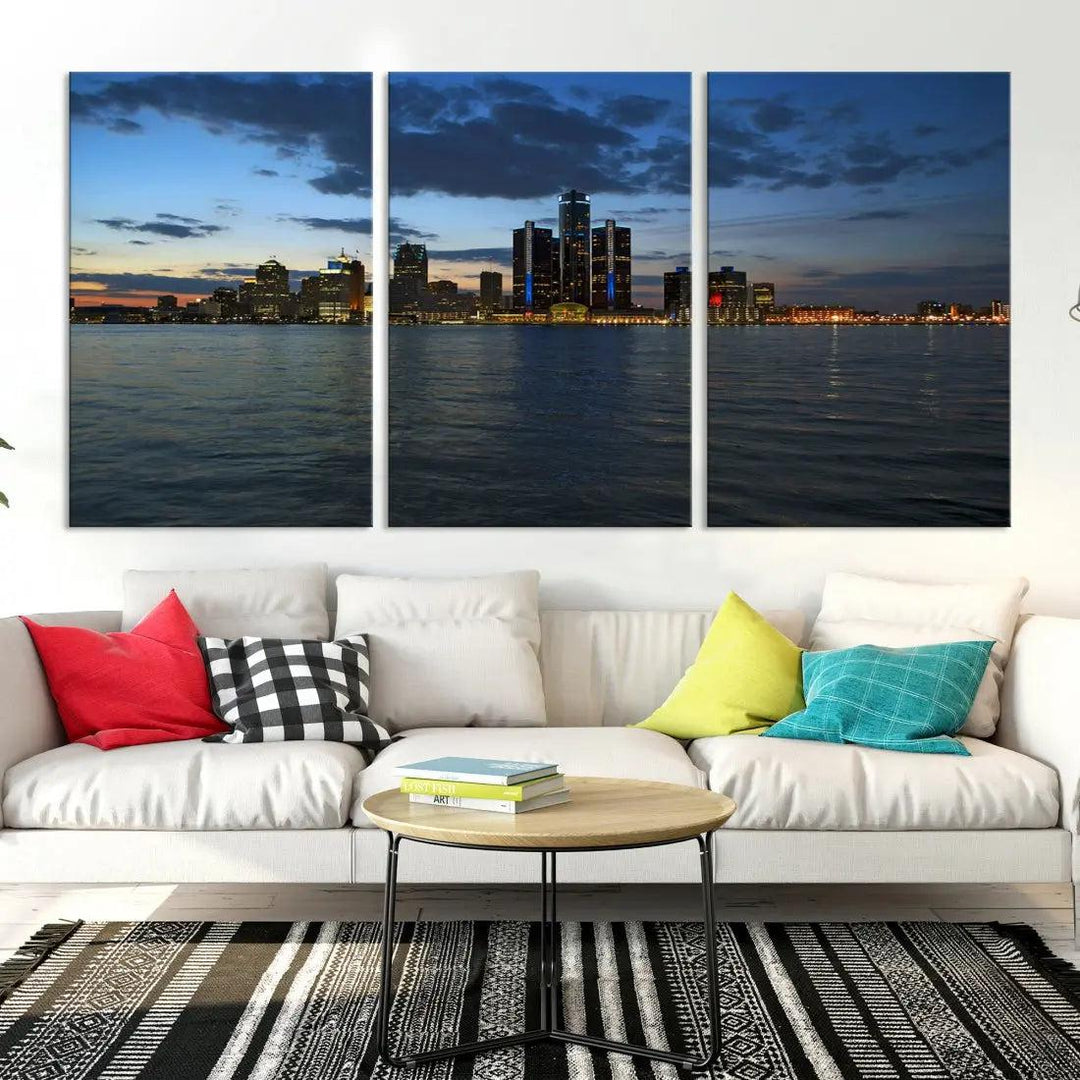 Large Detroit City Skyline Poster Print Cityscape Wall Art Canvas Decor