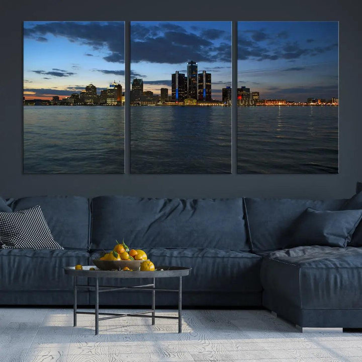 Large Detroit City Skyline Poster Print Cityscape Wall Art Canvas Decor