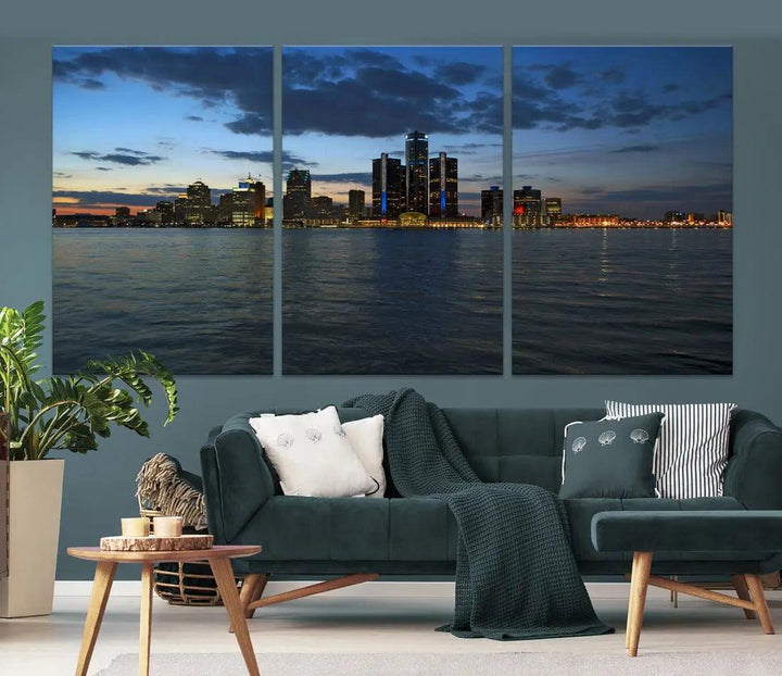 Large Detroit City Skyline Poster Print Cityscape Wall Art Canvas Decor