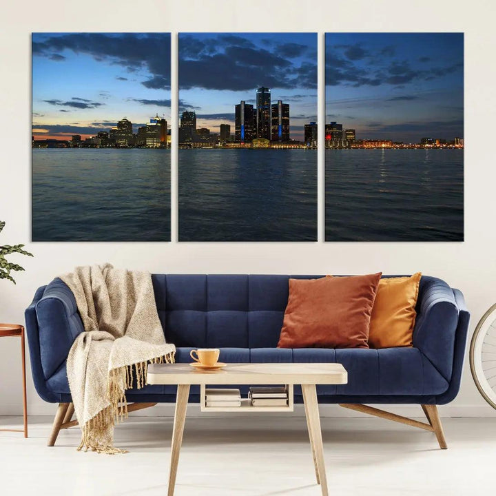 Large Detroit City Skyline Poster Print Cityscape Wall Art Canvas Decor