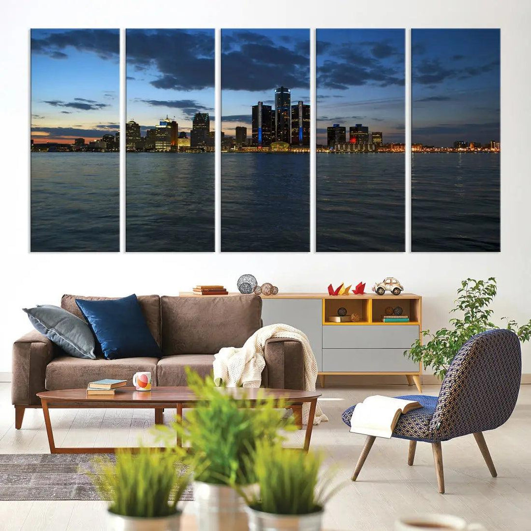 Large Detroit City Skyline Poster Print Cityscape Wall Art Canvas Decor