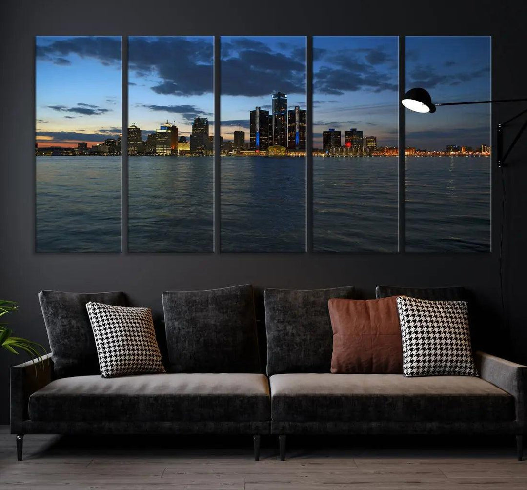 Large Detroit City Skyline Poster Print Cityscape Wall Art Canvas Decor