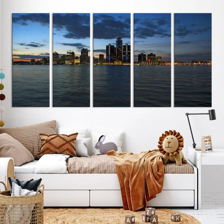 Large Detroit City Skyline Poster Print Cityscape Wall Art Canvas Decor