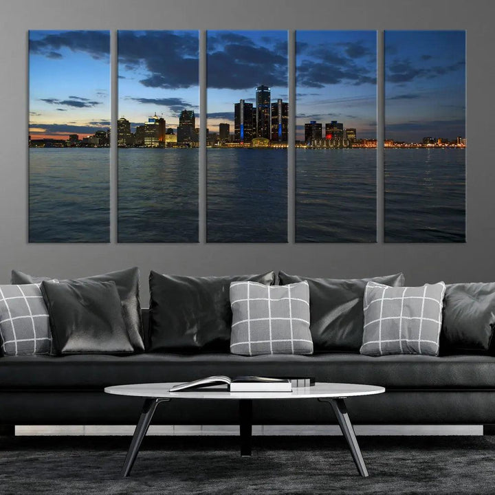 Large Detroit City Skyline Poster Print Cityscape Wall Art Canvas Decor