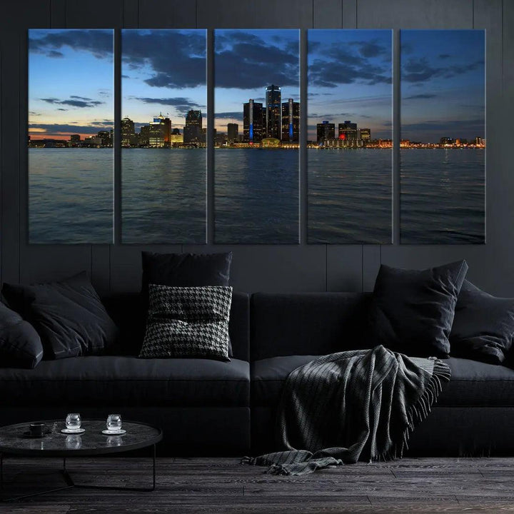 Large Detroit City Skyline Poster Print Cityscape Wall Art Canvas Decor