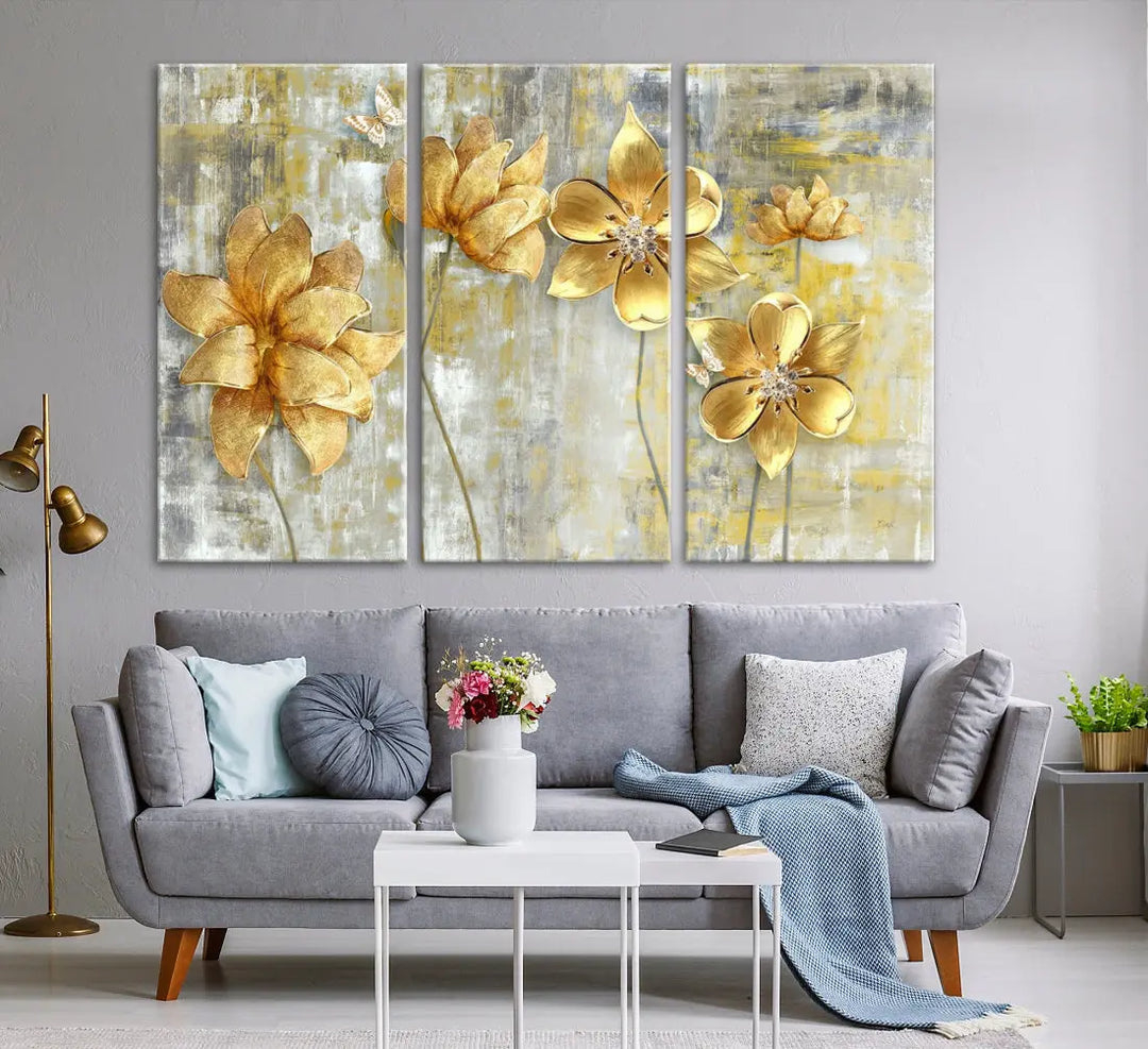 Large Golden Flowers Painting on Original Canvas Print Framed Wall Art