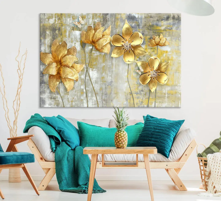 Large Golden Flowers Painting on Original Canvas Print Framed Wall Art