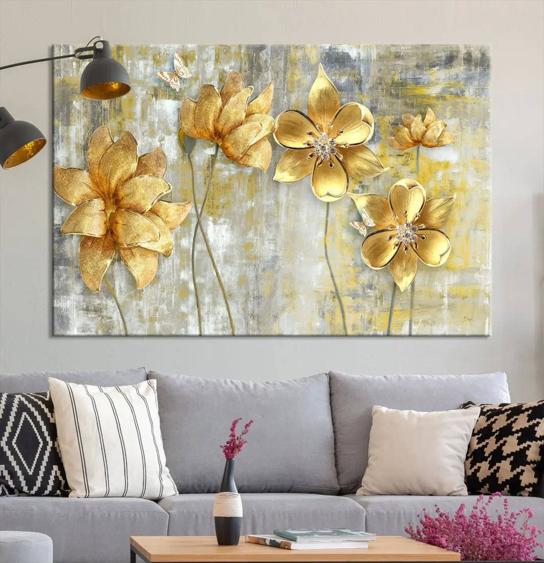 Large Golden Flowers Painting on Original Canvas Print Framed Wall Art