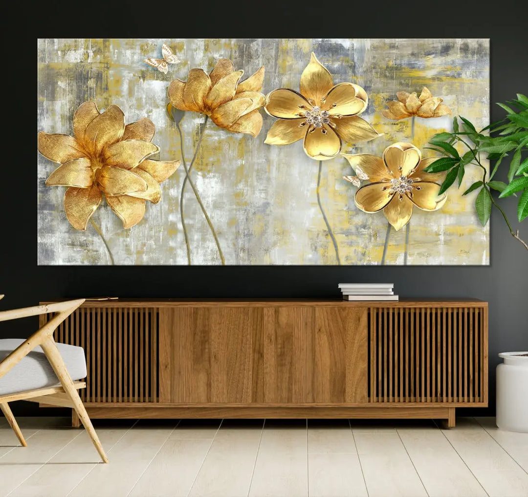 Large Golden Flowers Painting on Original Canvas Print Framed Wall Art