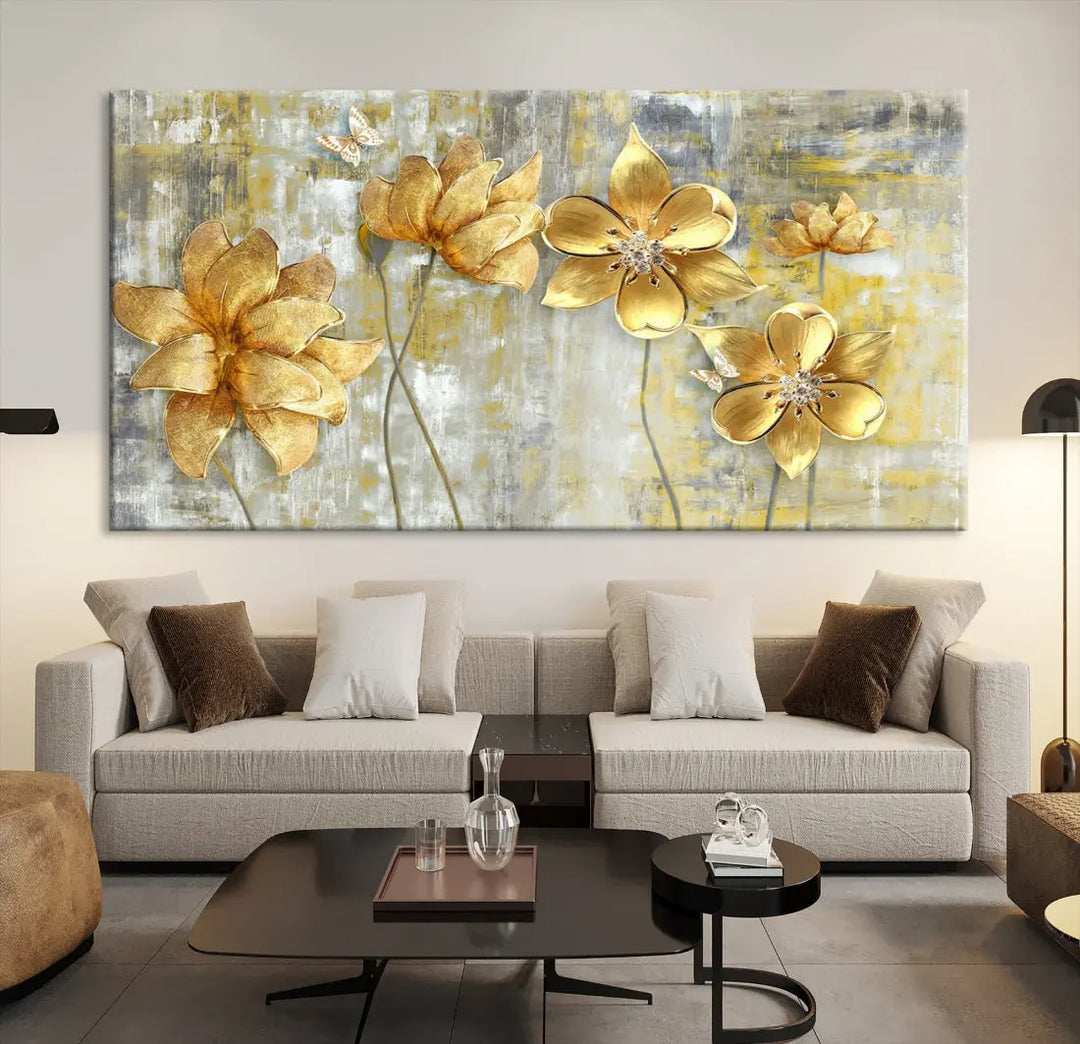 Large Golden Flowers Painting on Original Canvas Print Framed Wall Art