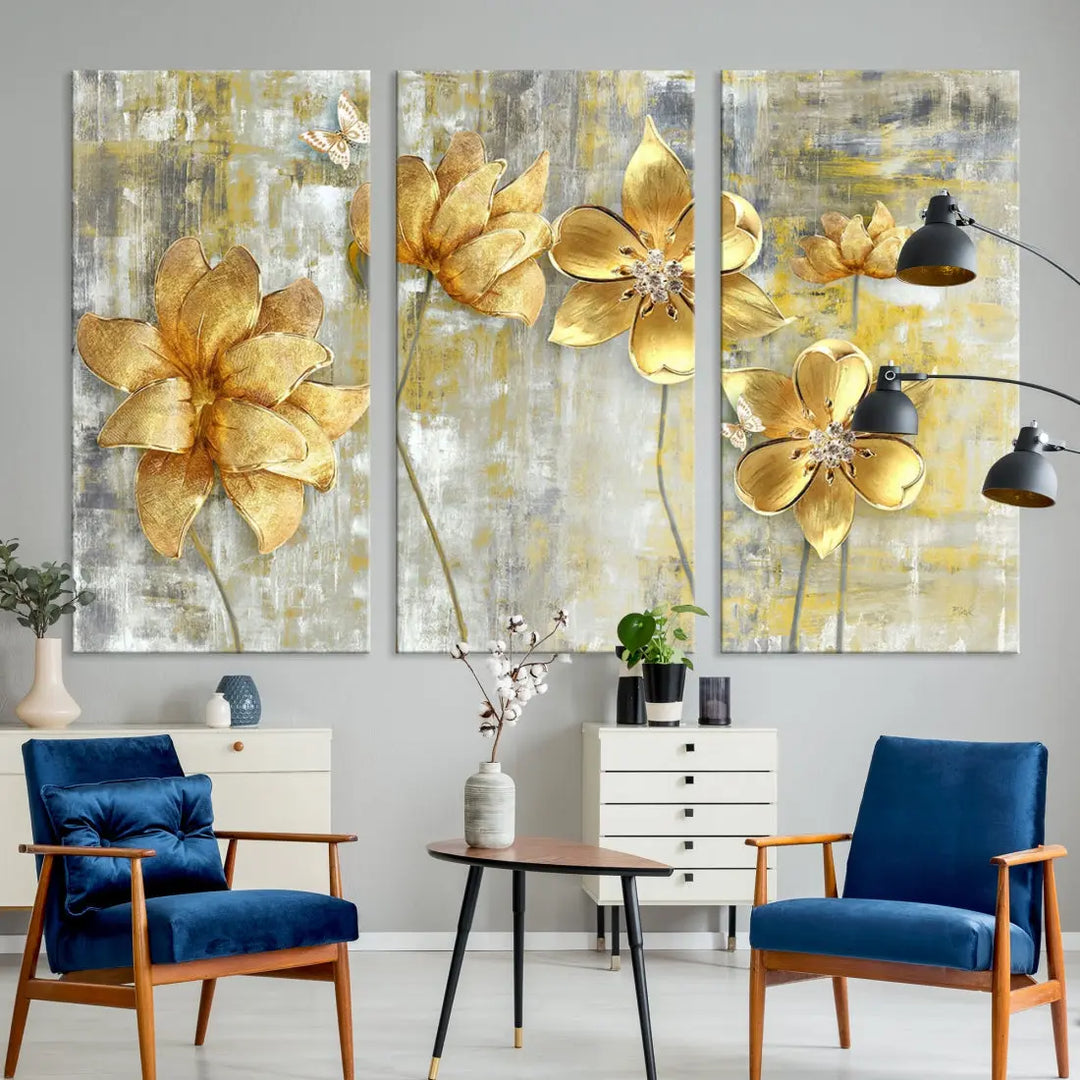 Large Golden Flowers Painting on Original Canvas Print Framed Wall Art