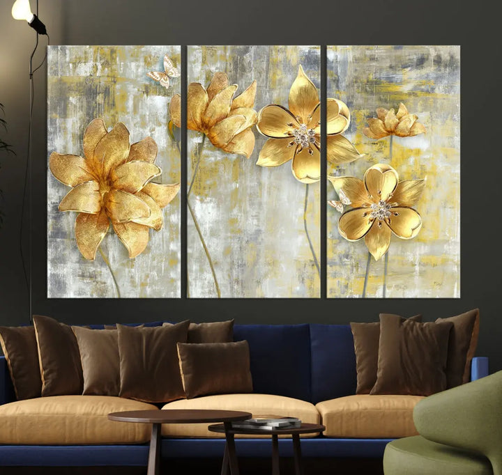 Large Golden Flowers Painting on Original Canvas Print Framed Wall Art