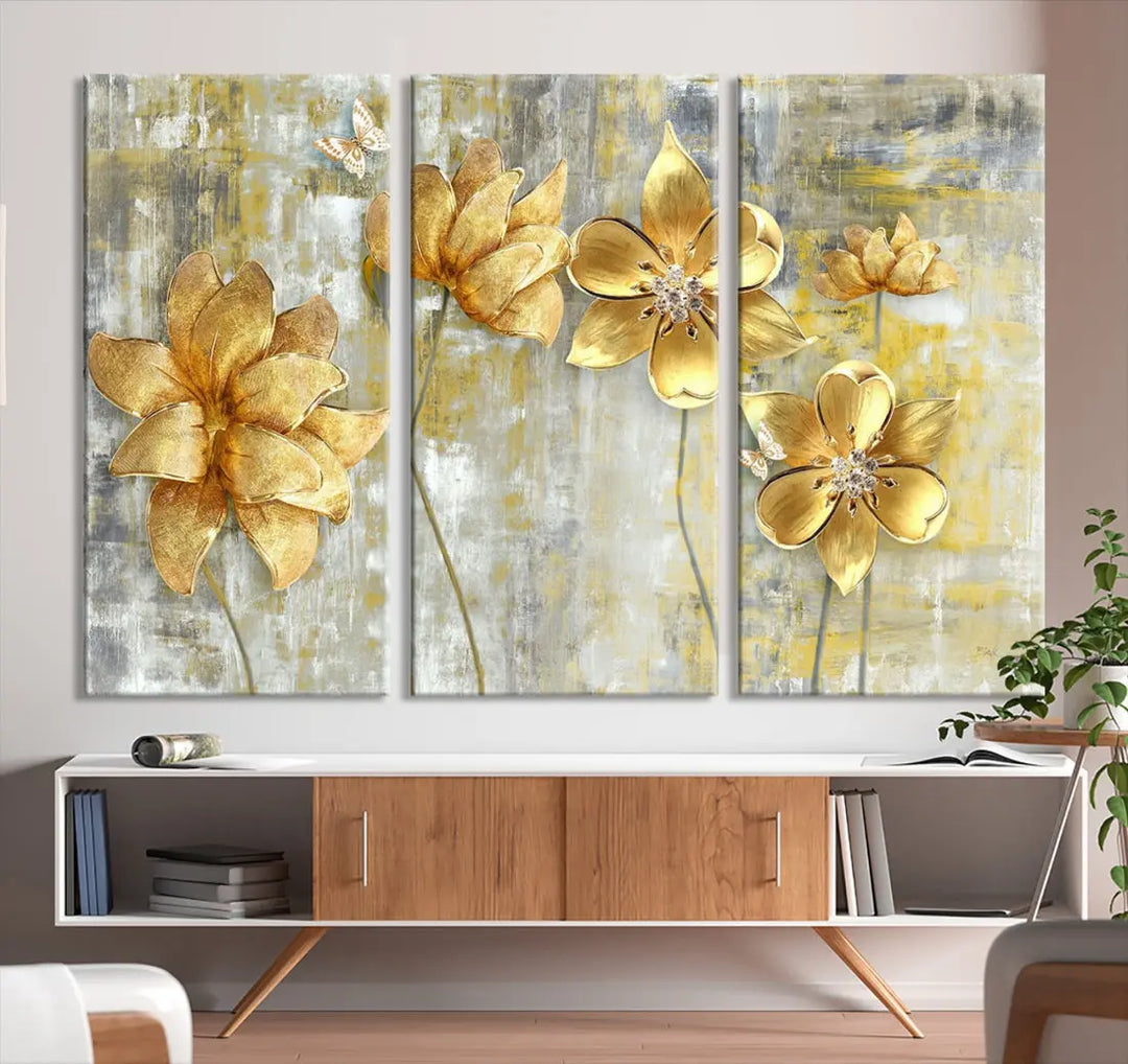 Large Golden Flowers Painting on Original Canvas Print Framed Wall Art