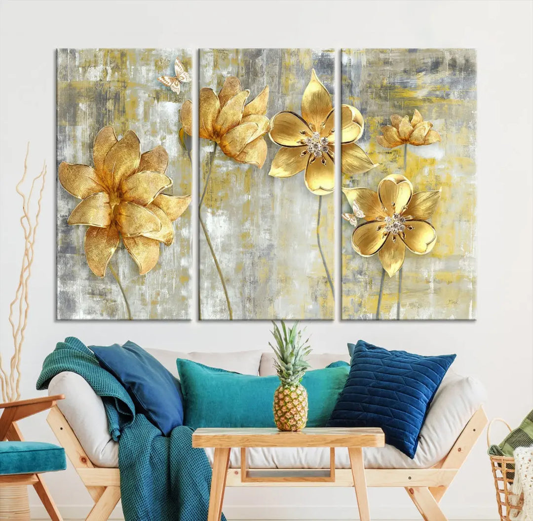 Large Golden Flowers Painting on Original Canvas Print Framed Wall Art