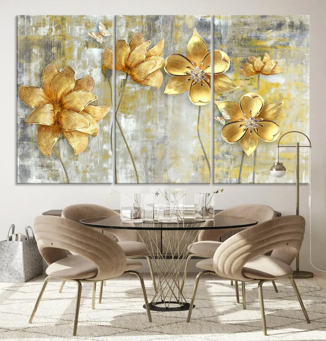 Large Golden Flowers Painting on Original Canvas Print Framed Wall Art