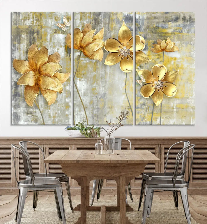 Large Golden Flowers Painting on Original Canvas Print Framed Wall Art